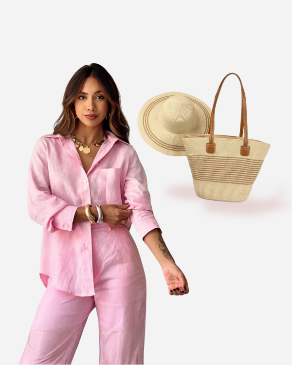 Conjunto Resort Linho Rosa – Camisa e Calça Feminina em Linho + Brinde