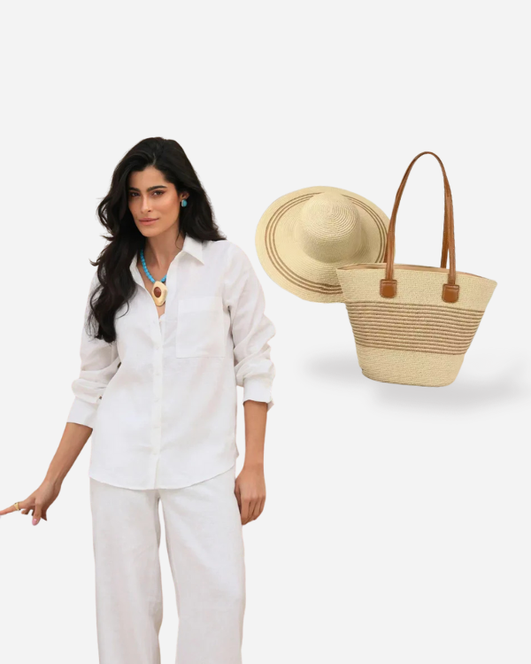 Conjunto Resort Linho Branco – Camisa e Calça Feminina em Linho Premium + Brinde