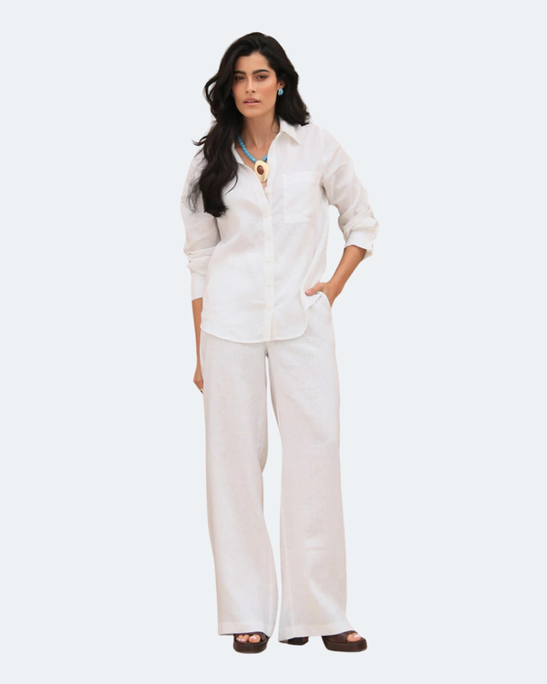 Conjunto Resort Linho Branco – Camisa e Calça Feminina em Linho Premium + Brinde