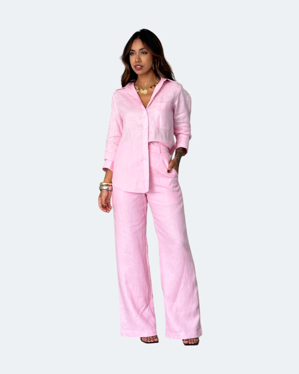 Conjunto Resort Linho Rosa – Camisa e Calça Feminina em Linho + Brinde