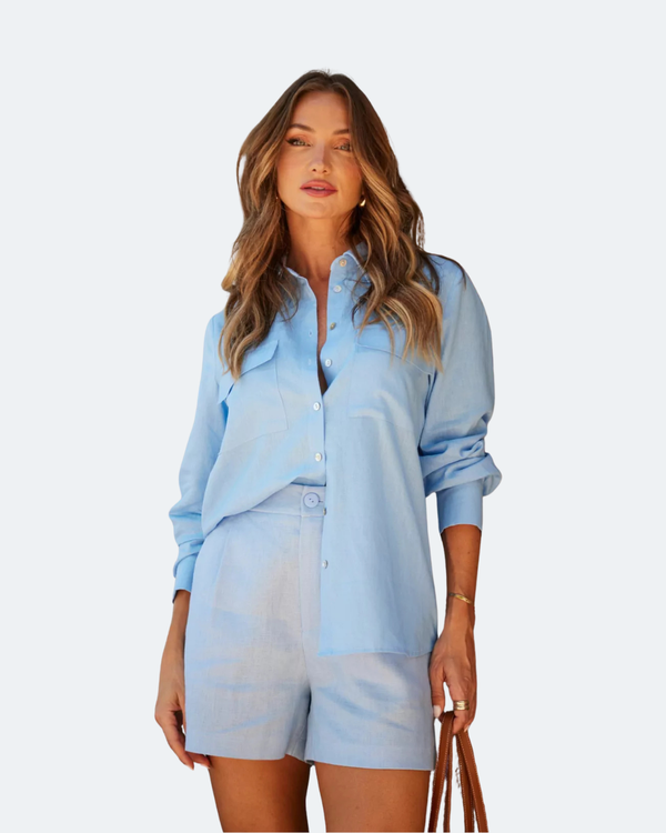 Conjunto Brisa Blu em Linho – Camisa Feminina e Short de Cintura Alta